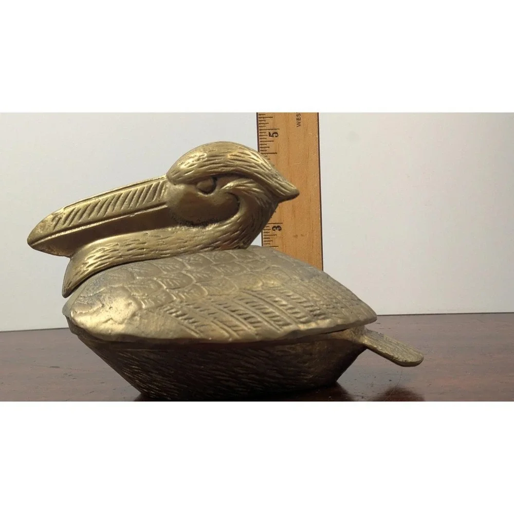 Vintage Solid Brass Pelican Trinket Box With Lid Coastal Bird Decor 8